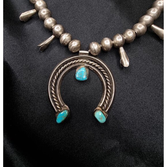 Vintage Southwest style Sterling Silver & Turquoise Squash Blossom Necklace - Picture 2 of 7